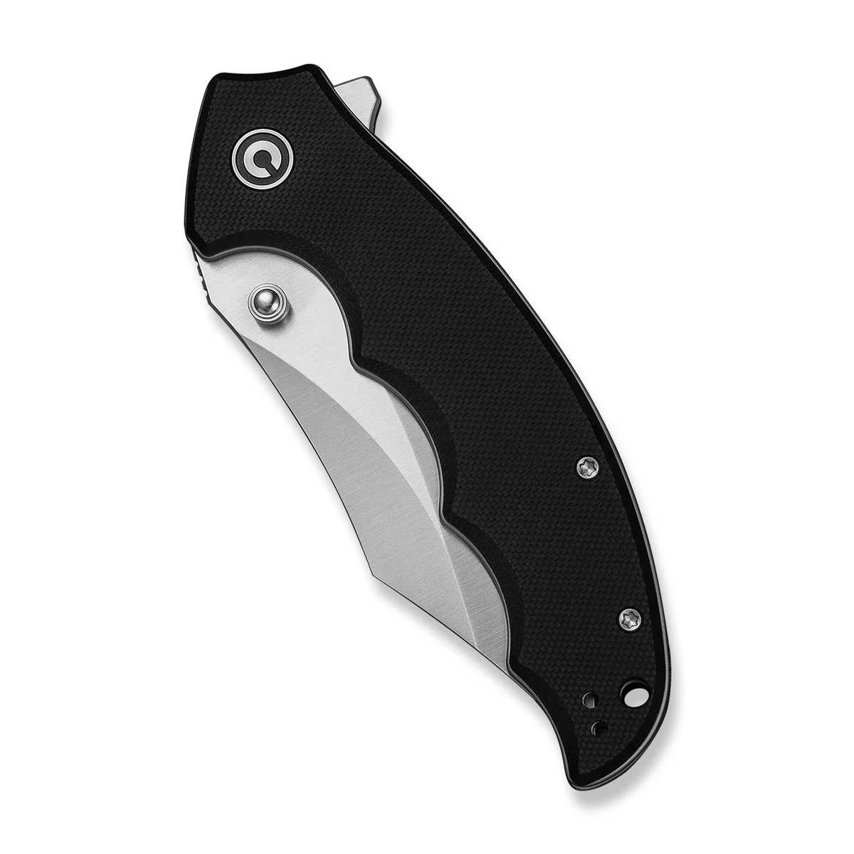 Folding pocket knife with a black textured handle and a partially deployed silver blade.