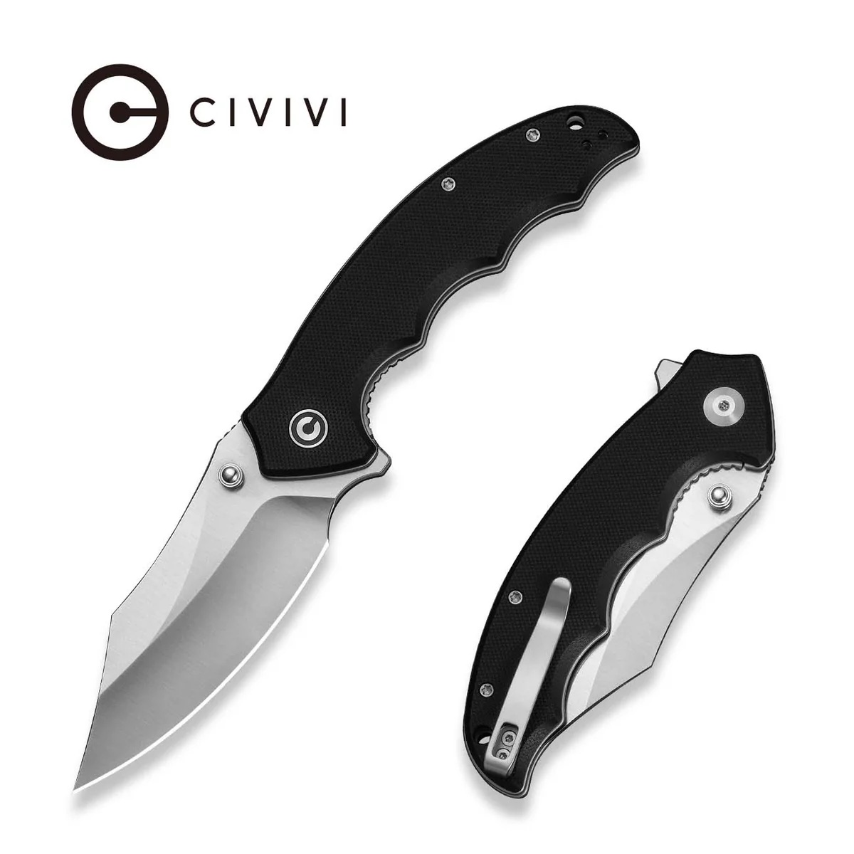 Civivi folding knife with black textured handle, blade partially extended to the left, logo visible in corner.