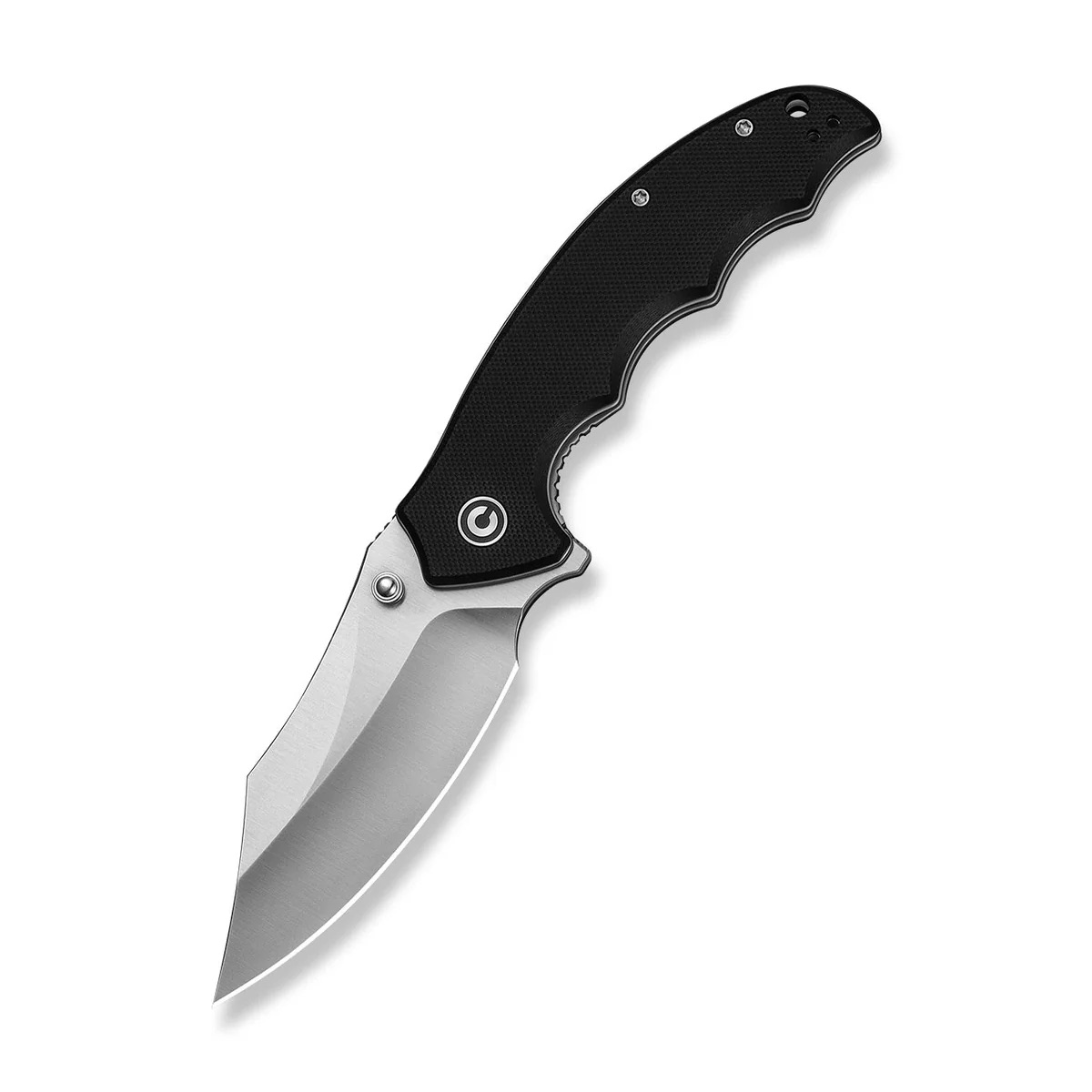 Folding knife with a black textured handle and a silver drop-point blade.