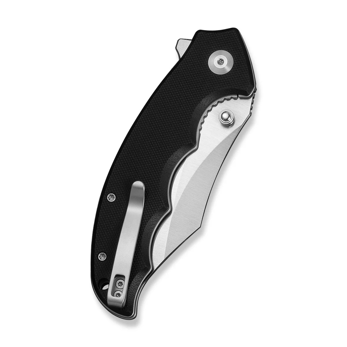 Closed folding pocket knife with a black textured handle and a metal clip visible on the side, blade folded inside.