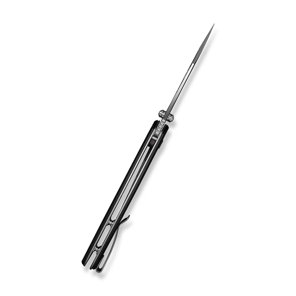 Surgical scalpel with a long, sharp blade extended from a metallic handle, angled diagonally.