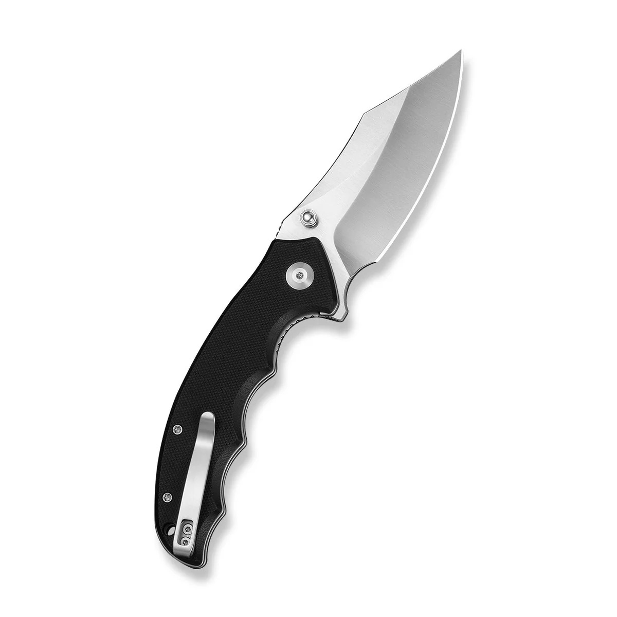 Folding pocket knife with a black textured handle and a large silver blade extended open.
