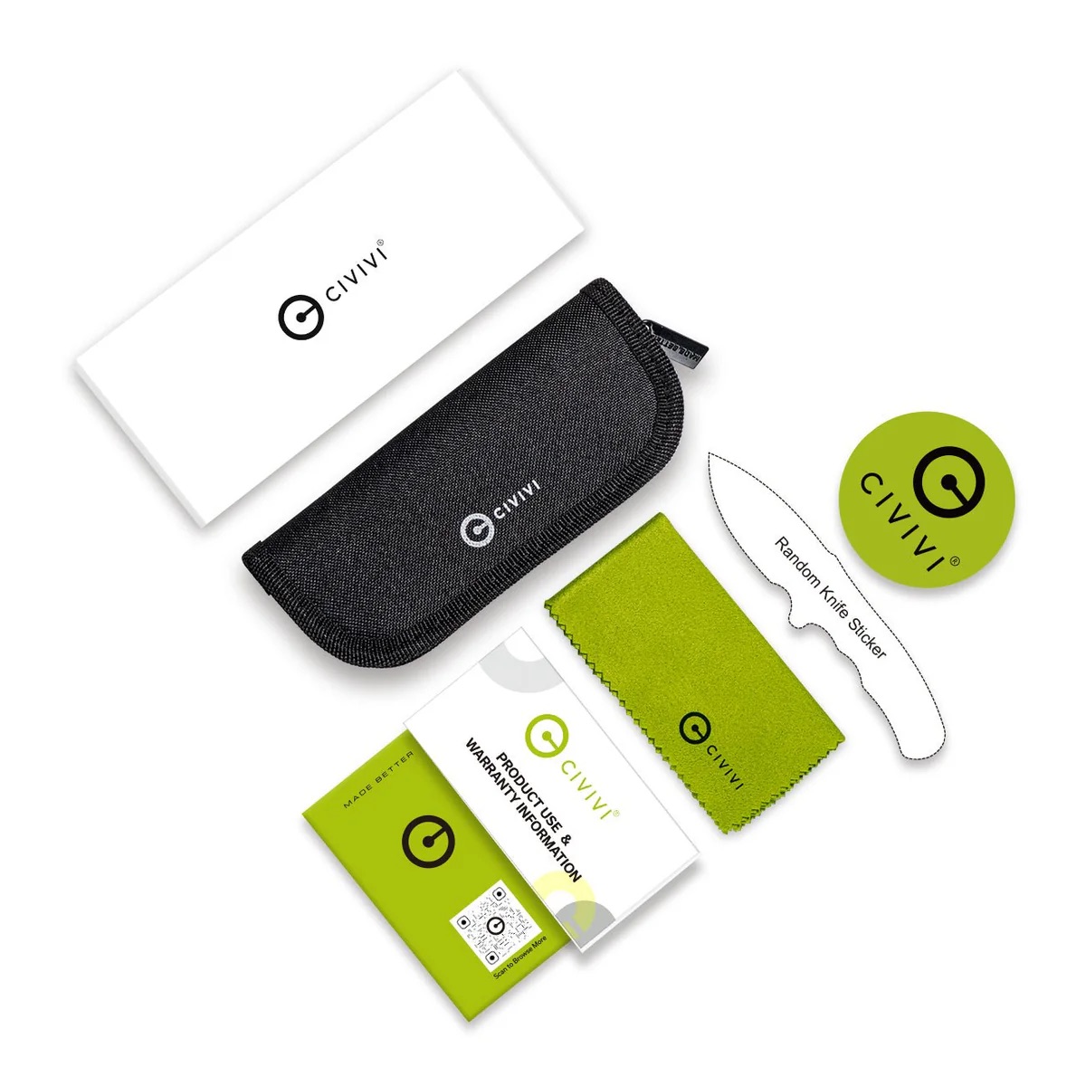 CIVIVI knife set contents: black zip pouch, green cleaning cloth, warranty card and instruction sheets beside a white box