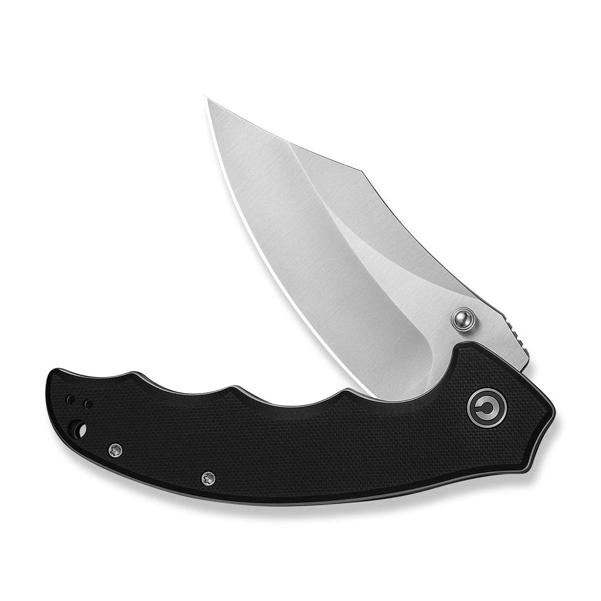 Folding knife with a black textured handle and a partially opened silver blade, viewed from the side.