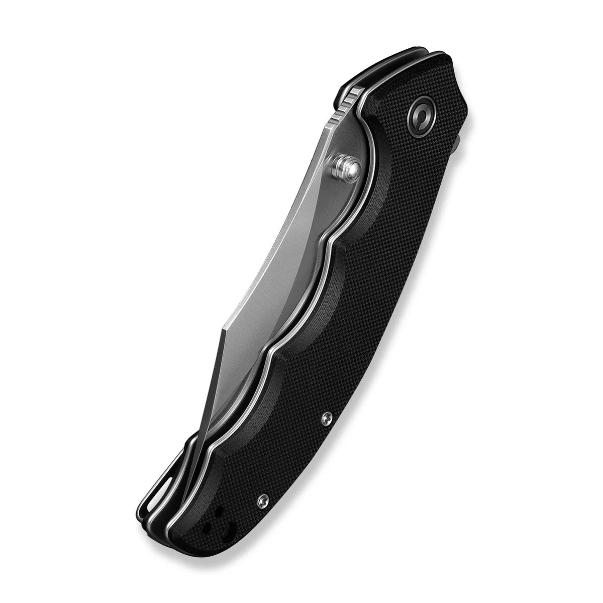 Black folding pocket knife with a textured black handle and a partially extended stainless steel blade