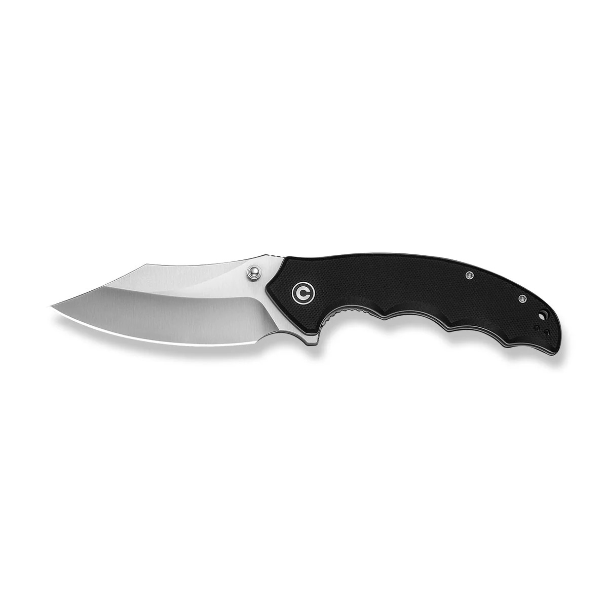 Folding knife with a silver blade and black textured handle.
