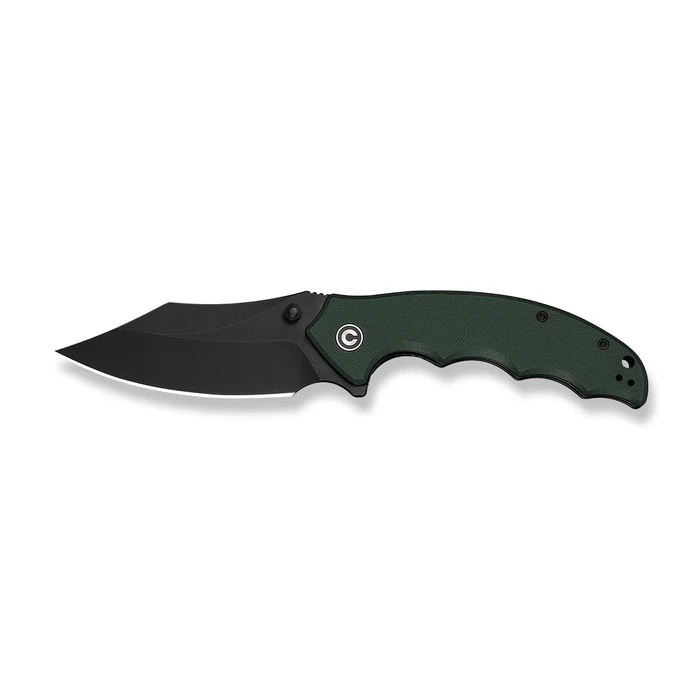 Folding knife with a green textured handle and black blade extended to the left to show the sharp edge.