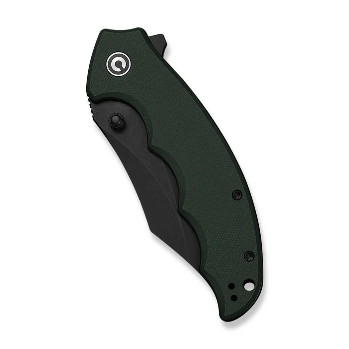 Green textured folding pocketknife shown in a partially opened/strained position, with a dark blade and circular logo on the handle.