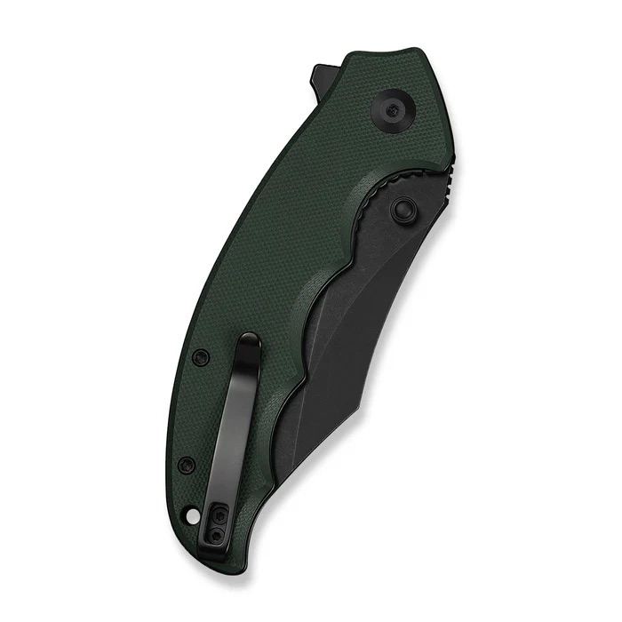 Green-handled folding knife with a black blade, shown closed and angled to the side.