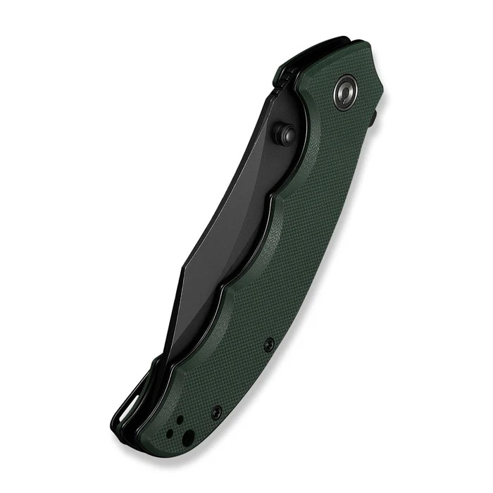 Partially open folding pocket knife with a textured green handle on a white background