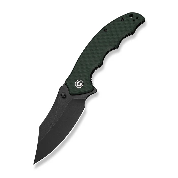 Open folding knife with a black drop-point blade and dark green textured handle