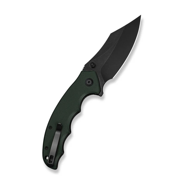 Green-handled folding knife with a dark blade, opened to reveal the ergonomic grip and pocket clip