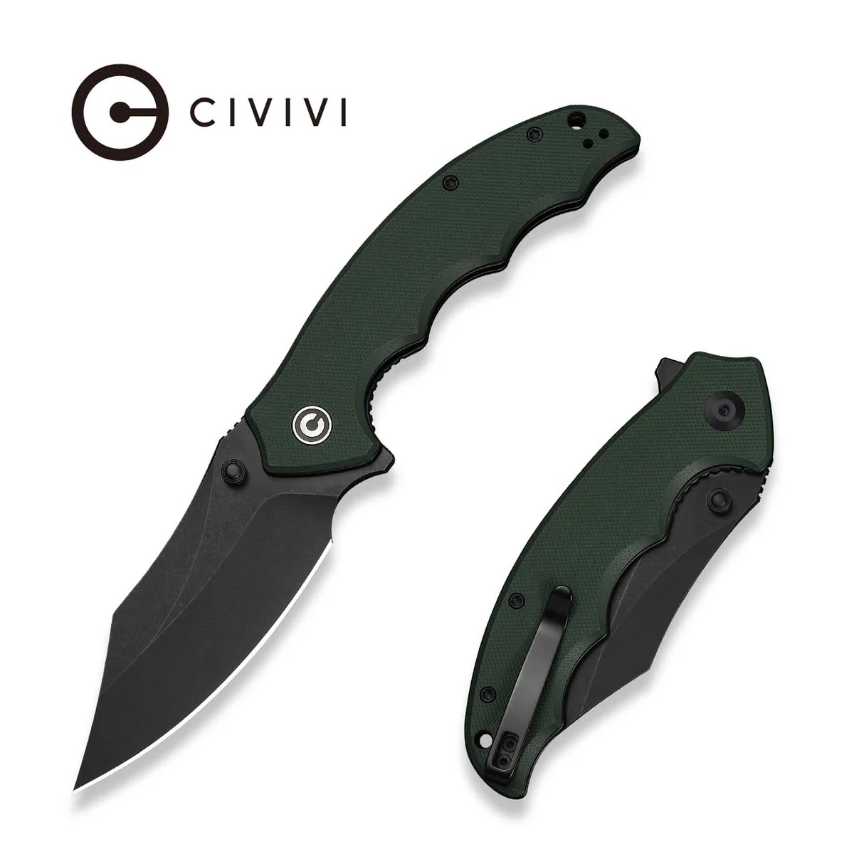 Civivi folding knife with a dark green textured handle, blade partially extended, shown from top and side views