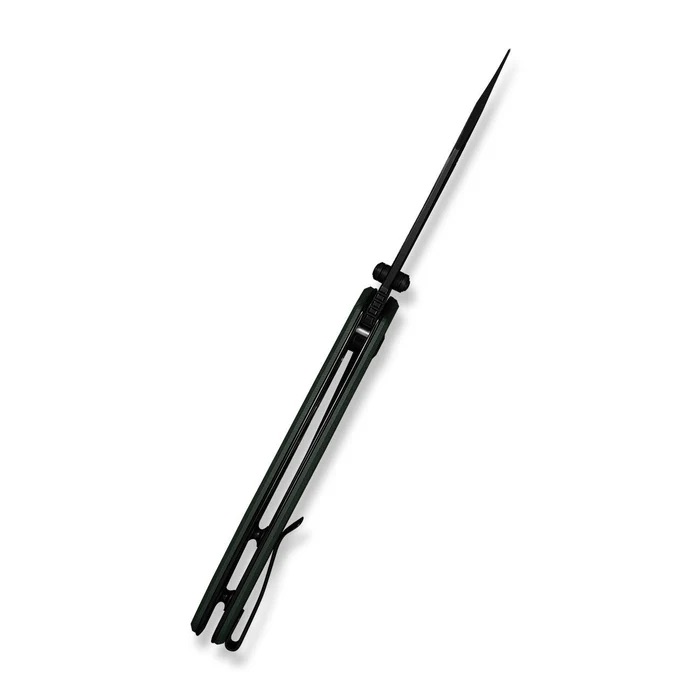 Long precision needle tool with a sharp pointed tip mounted on a green metal frame, photographed diagonally against a white background.