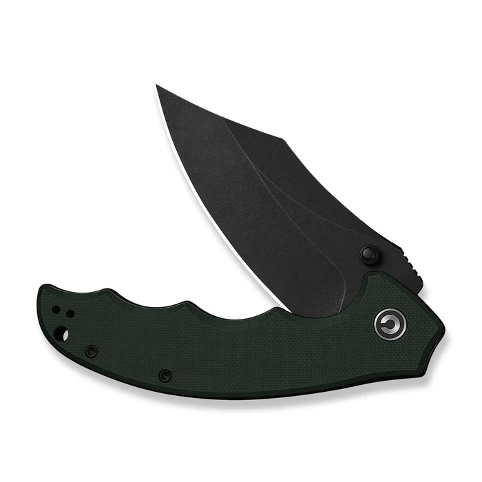 Folding knife with a dark, curved blade partially open and a textured green handle.