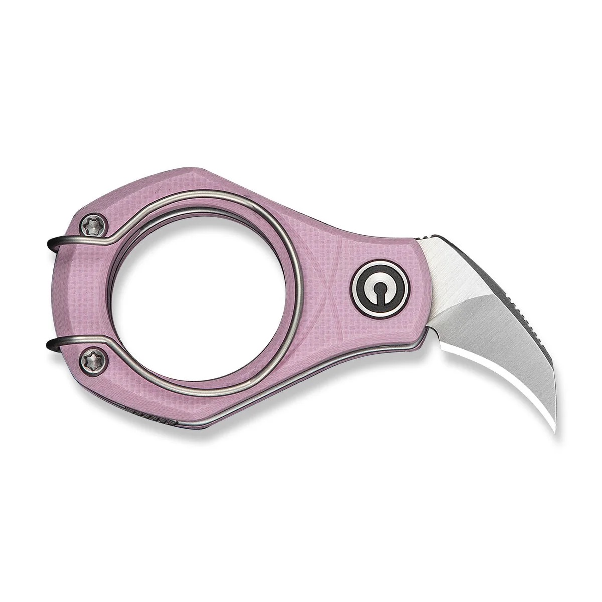 Pink karambit-style folding knife with circular ring handle and curved silver blade