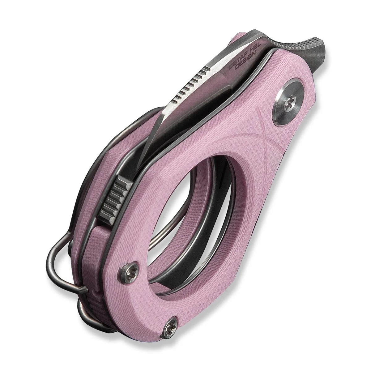 Pink folding utility knife with a circular ring-style handle and pivoting blade (butterfly-style design).