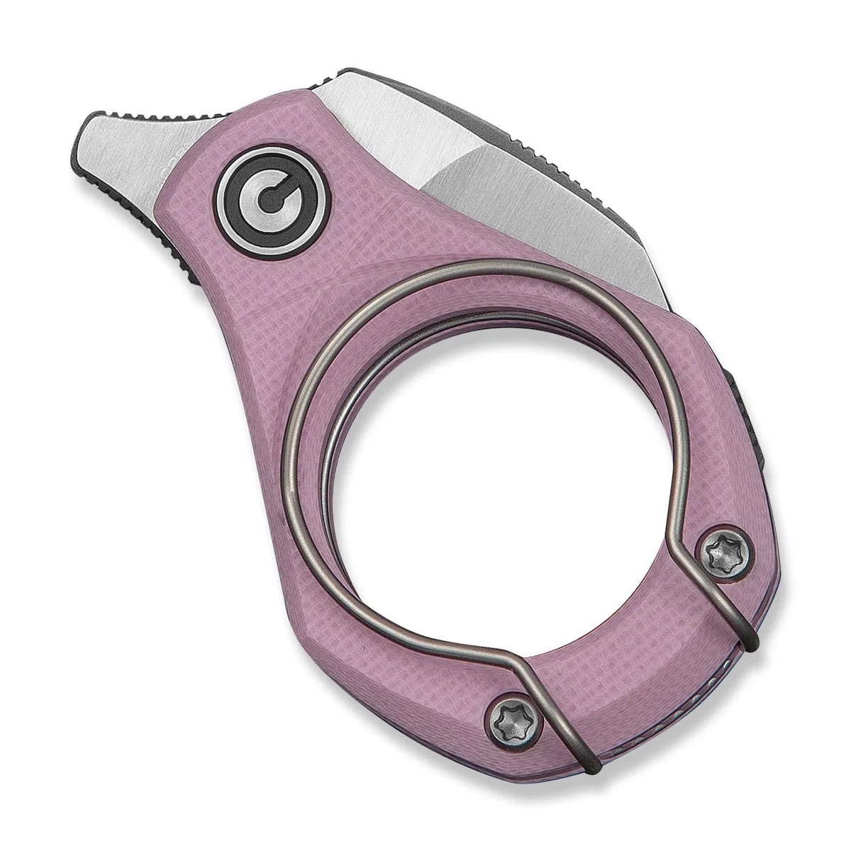 Purple compact multitool with a circular ring and a hidden blade, featuring two screws and a springy ring guard.