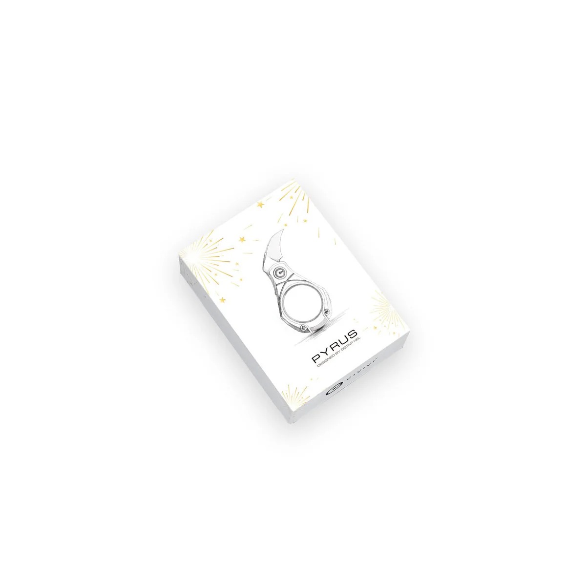 White product box with a line drawing of a circular-handled tool on the cover and gold decorative bursts around the edges, branded 'PYRUS'.