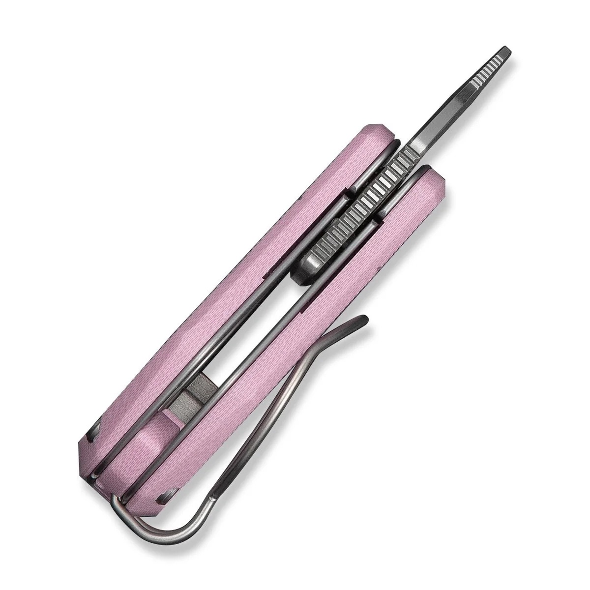Pink retractable utility knife with a long, exposed blade and metal guard along the handle edge, shown at an angle