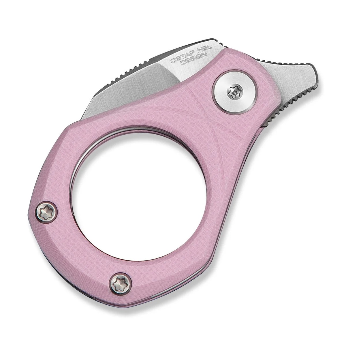 Pink handheld bottle opener with a circular ring-shaped grip and serrated metal blade for caps removal, on white.