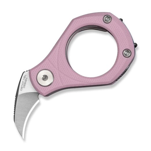 Pink folding pocket knife with a circular grip-like handle and a curved blade extending from the handle.