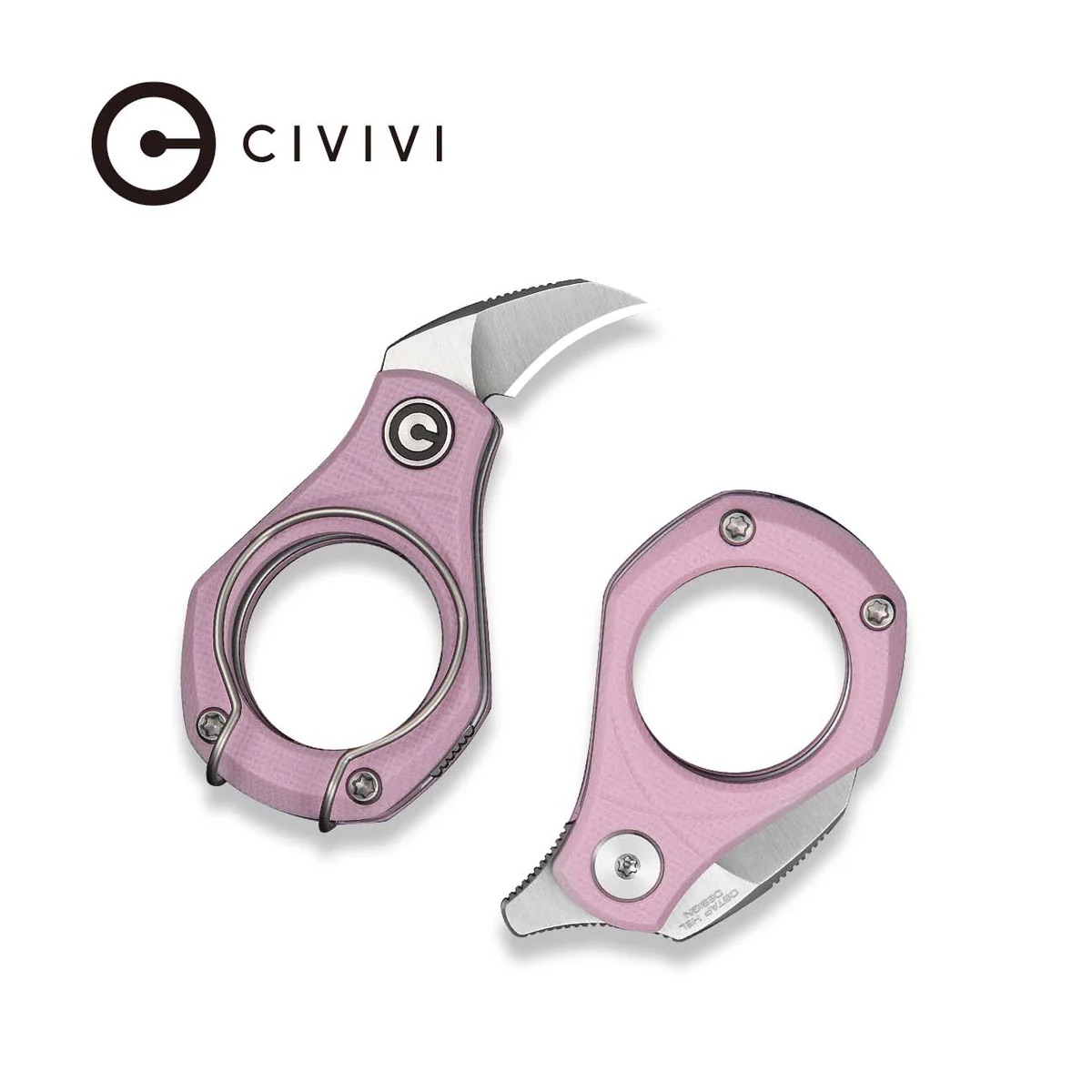 CIVIVI logo with two pink folding pocket knives featuring circular finger holes and stainless blades on a white background.