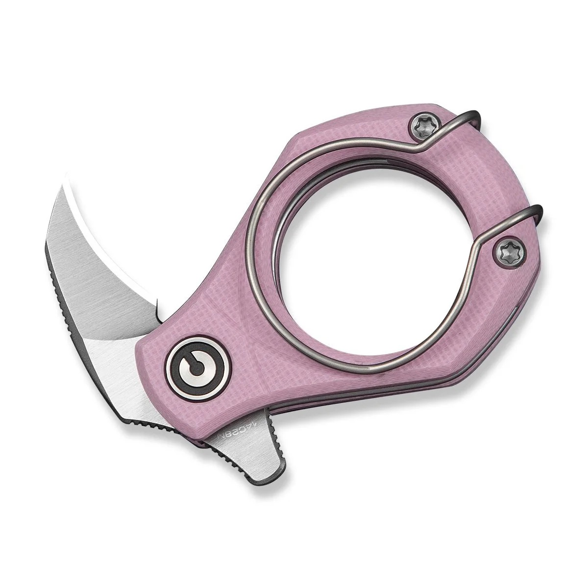 Pink folding karambit-style knife with curved silver blade and circular ring handle, shown closed against a white background.