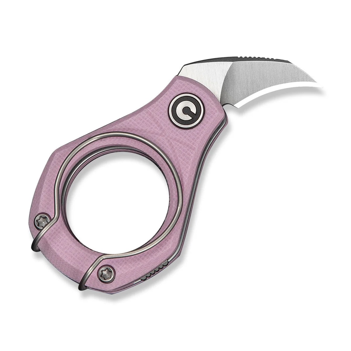 Pink folding utility knife with a circular finger loop and a partially exposed metal blade, designed as a compact handheld cutter