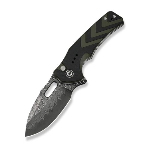 Compact folding knife with a patterned Damascus-style blade and black/olive handle, partially open edge visible