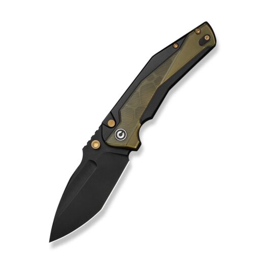 Black folding knife with a black drop-point blade and olive-bronze handle, shown partially opened