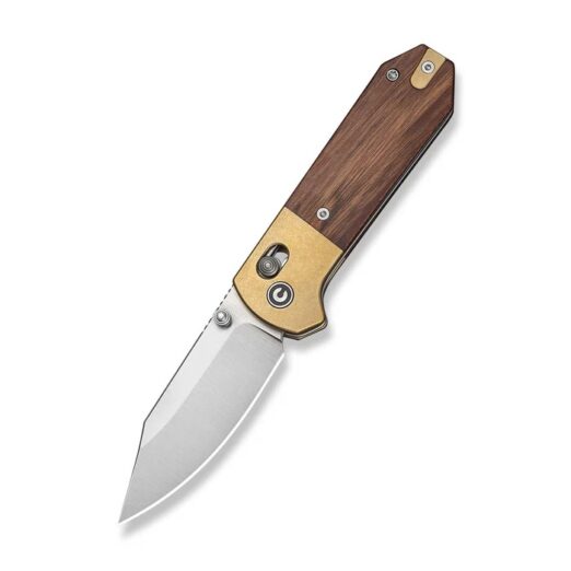 Folding knife with a wooden handle and brass-tinted accents, blade partially extended.