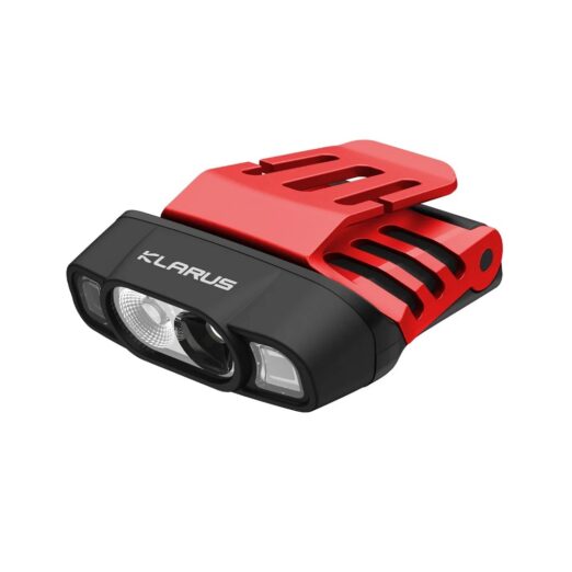 Red and black Klars front bicycle light with dual LEDs and the KLARUS branding front and center