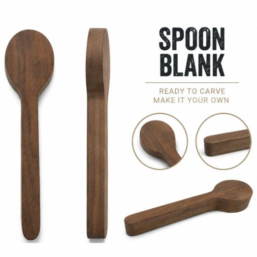 Unfinished wooden spoon blanks in multiple shapes for carving (long handle, round head, and rectangular end).