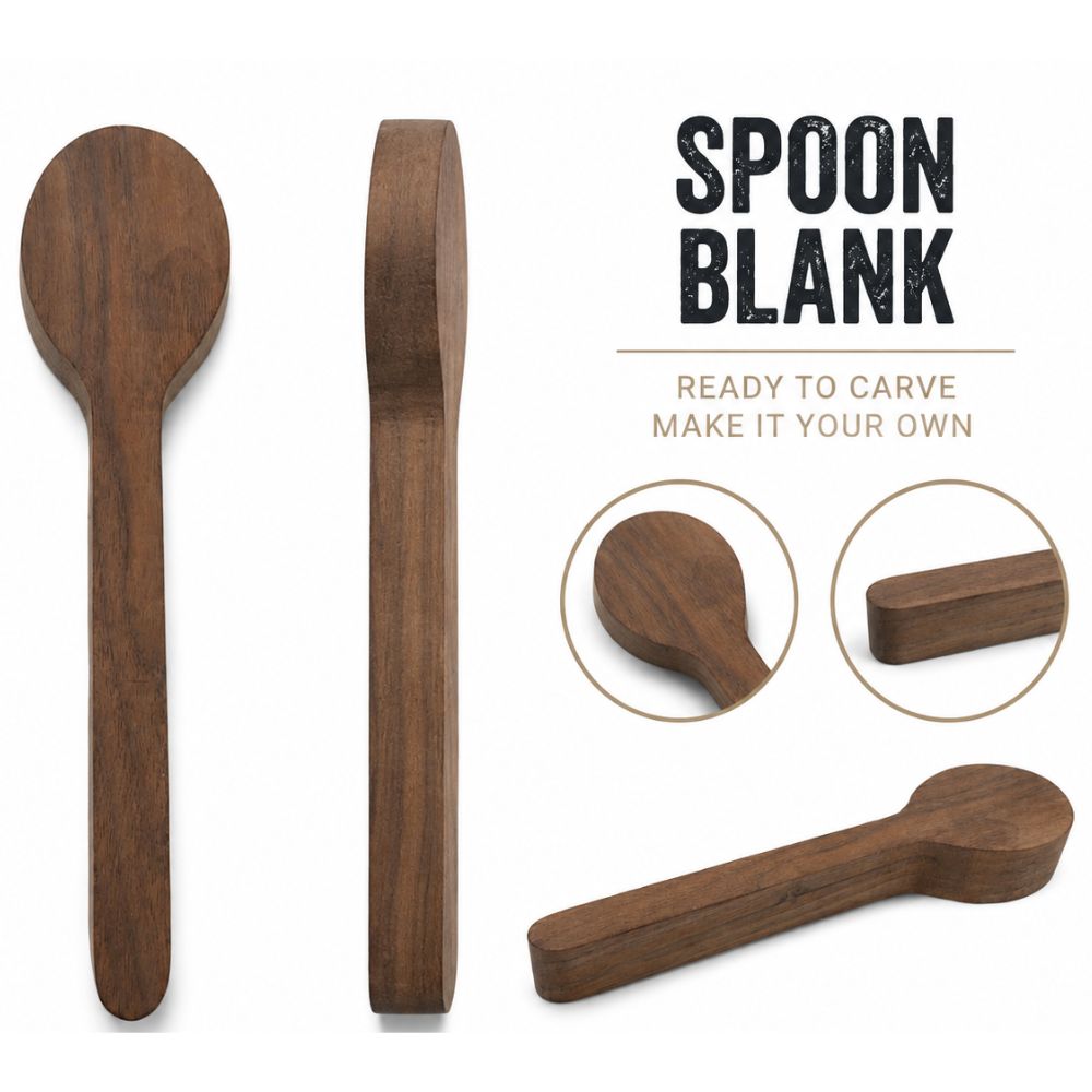 Unfinished wooden spoon blanks in multiple shapes for carving (long handle, round head, and rectangular end).