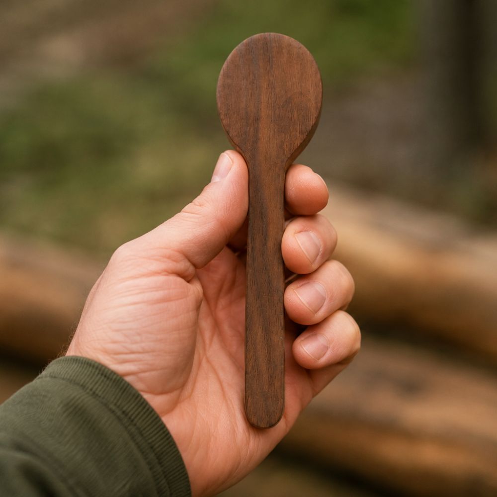 Close-up of a hand holding a brown wooden spoon outdoors with a blurred forest background.