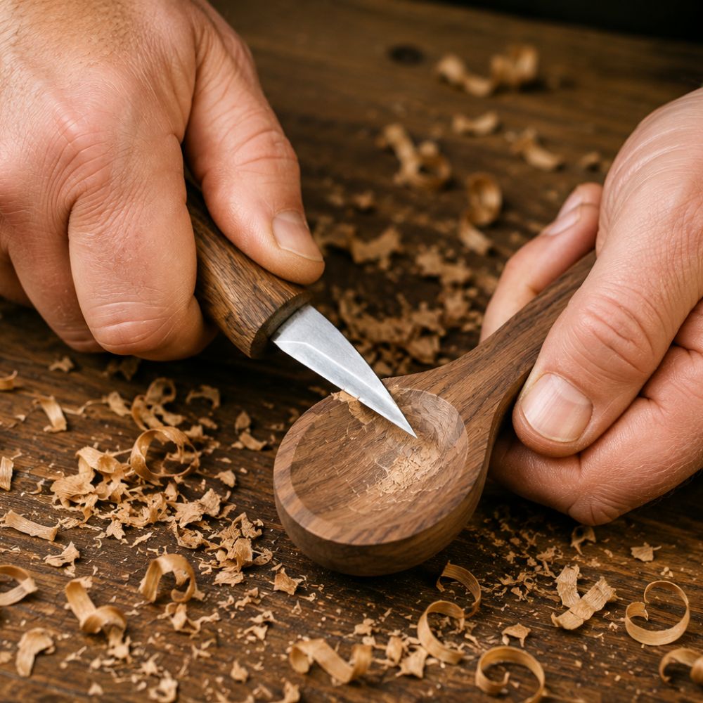 Close-up of hands carving a wooden spoon with a sharp knife, wood shavings on a workbench.