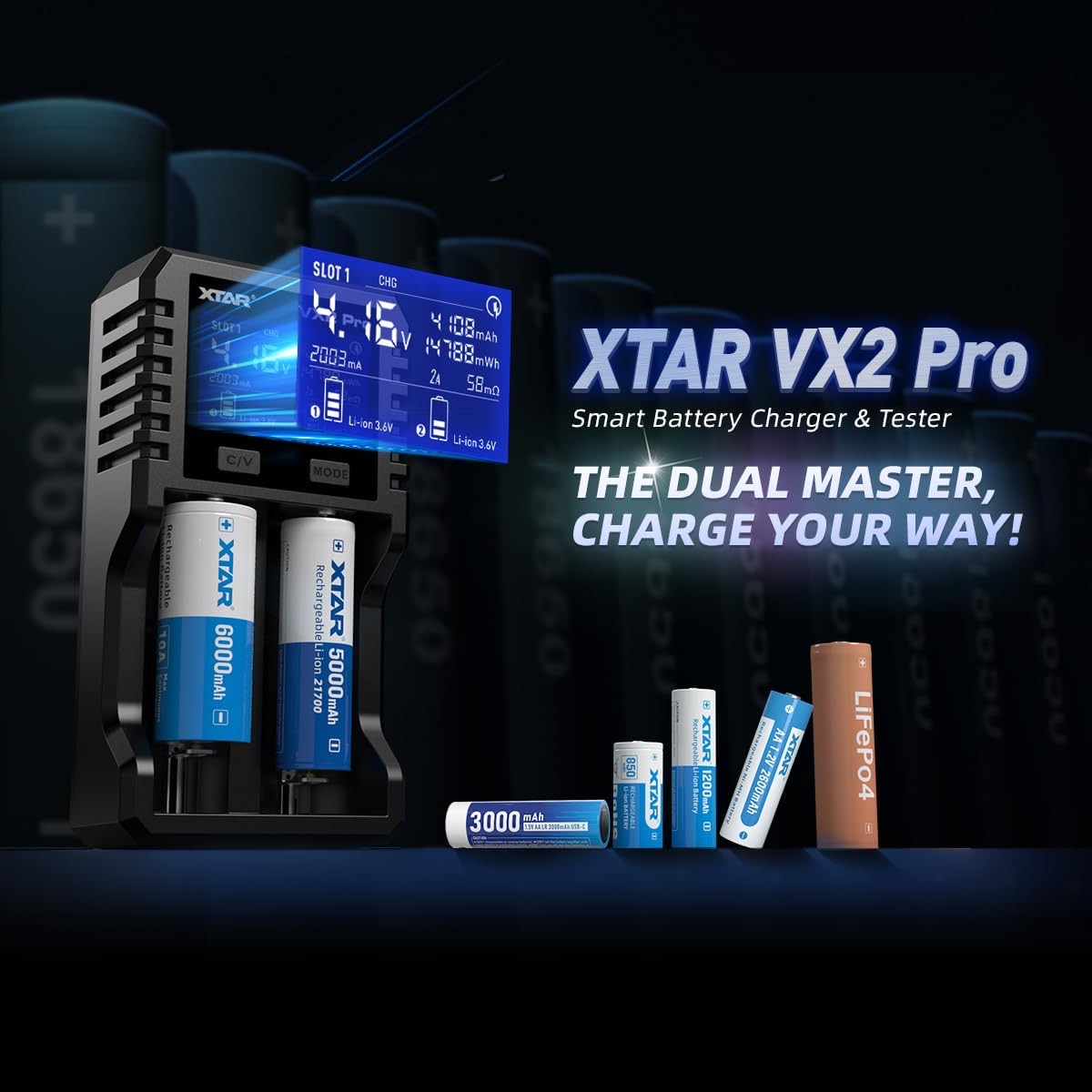 XTAR VX2 Pro smart battery charger and tester with multiple AA/18650 cells in view and bold product text on right side; promotional banner reads 'The dual master, charge your way'.