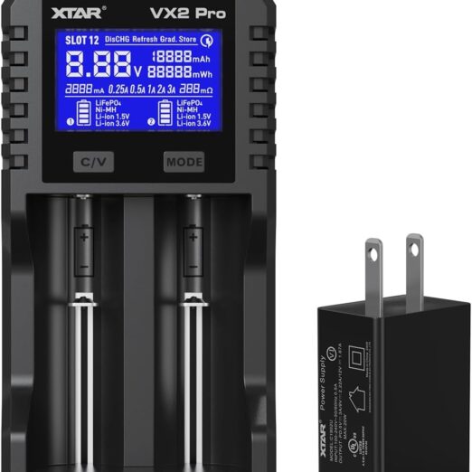 XTAR VX2 Pro dual-slot battery charger with blue LCD display and two inserted batteries, plus a power adapter shown