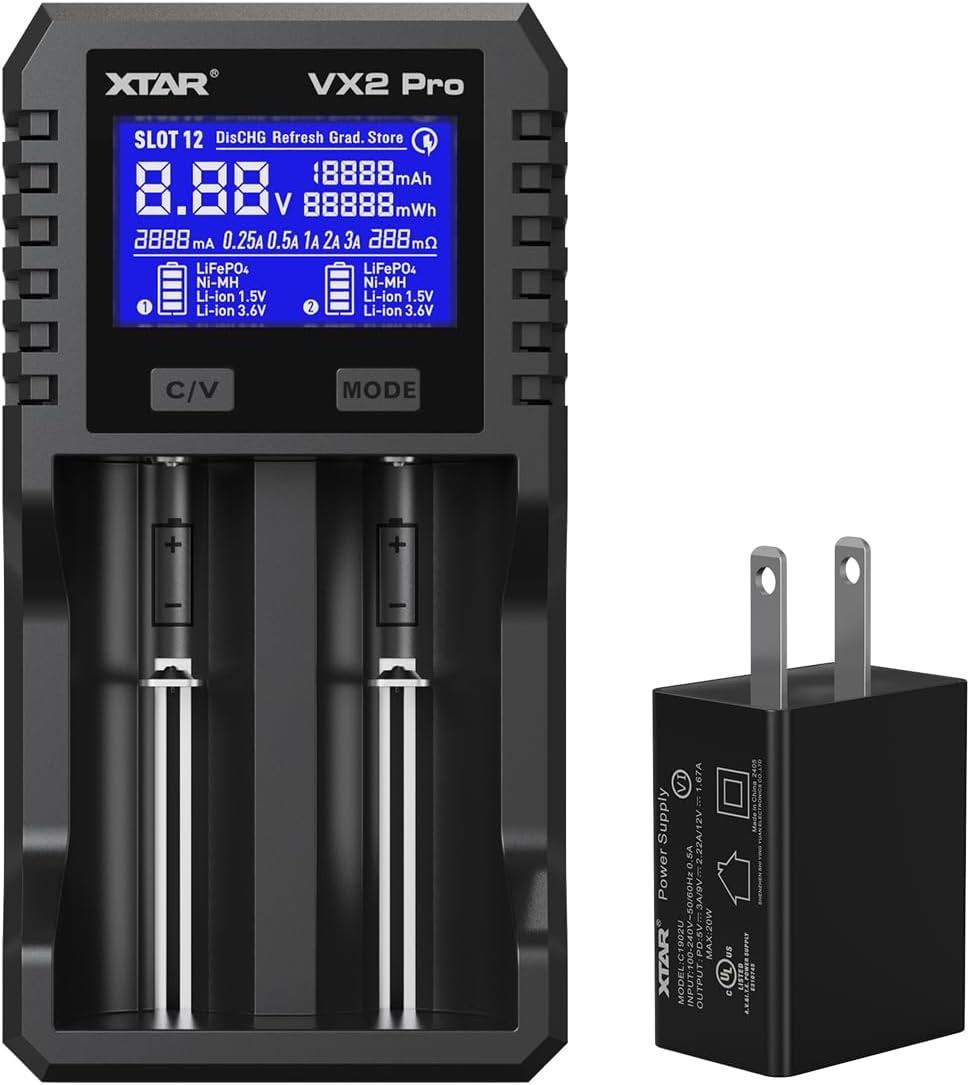 XTAR VX2 Pro dual-slot battery charger with blue LCD display and two inserted batteries, plus a power adapter shown