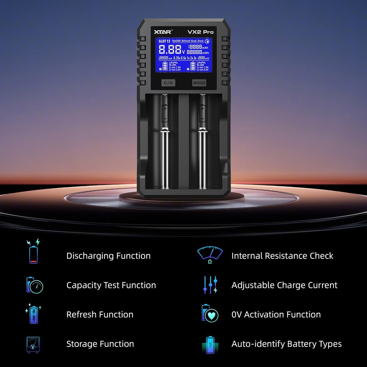 XTAR VX2 Pro two-slot battery charger with a blue LCD display and two primary charging slots.