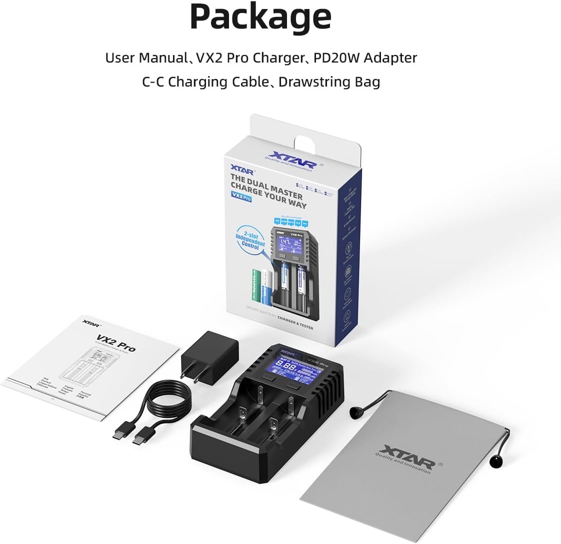 XTAR VX2 Pro Charger kit: charging unit with LCD, two rechargeable batteries, USB cable, power adapter, manual, and accessories shown with the product box.