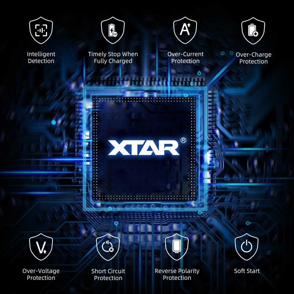 XTAR chip at center of blue circuitry with eight protection shields: Intelligent Detection, Over-Voltage, Over-Current, Over-Charge, Short Circuit, Reverse Polarity, Soft Start, Timely Stop When Fully Charged