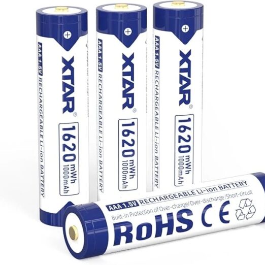 Three XTAR AA 1.5V rechargeable Li-ion batteries (1000mAh) standing upright with one lying down, ROHS label visible.