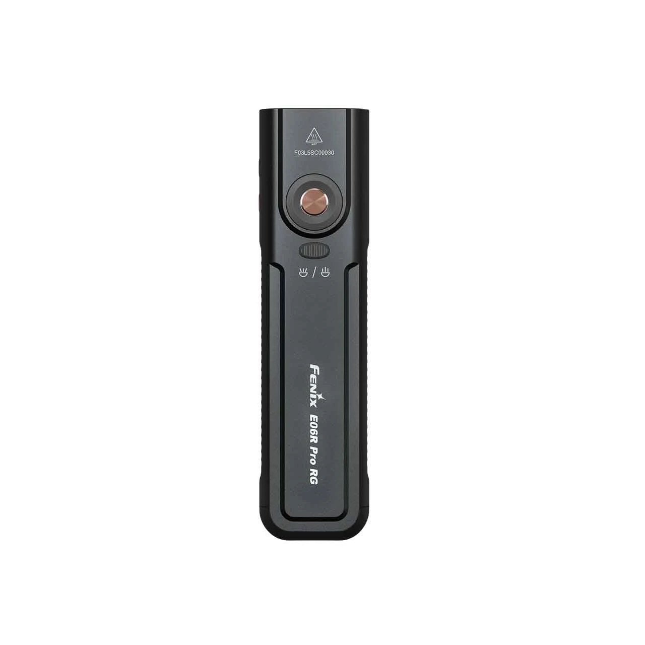 Rechargeable pocket flashlight in black with copper power button and Fenix E06R Pro RG branding