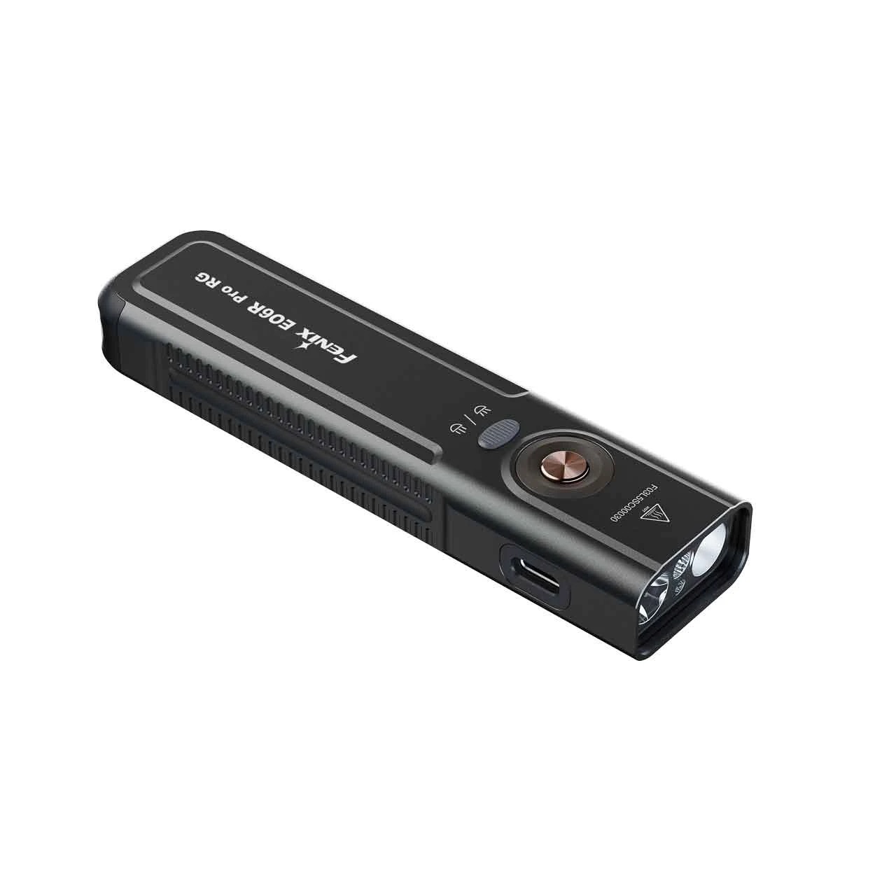 Compact black handheld flashlight with dual-LED head, USB-C charging port, and circular power button on the body.
