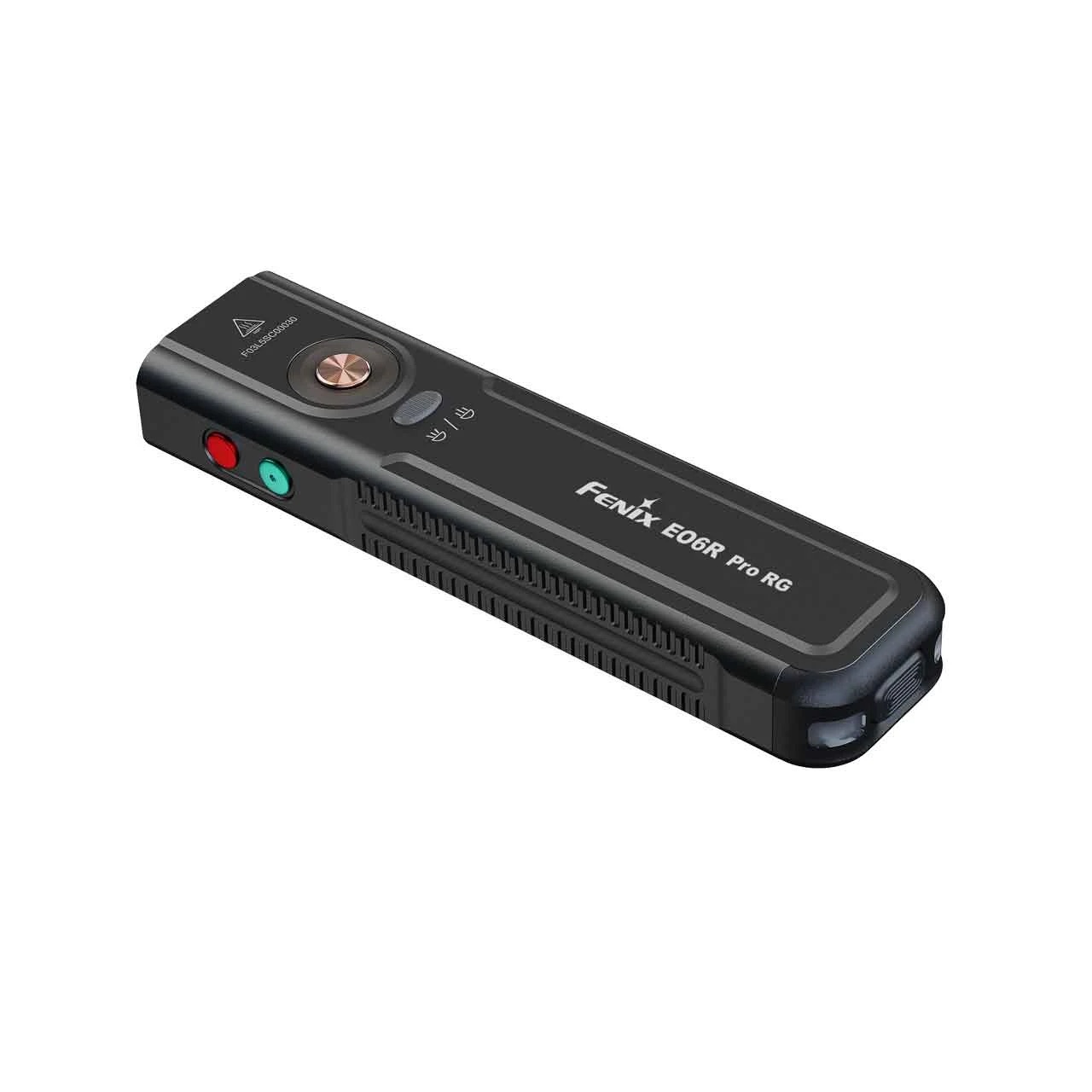 Compact black Fenix E06R Pro RG flashlight, shown from the side with copper power button and side controls.