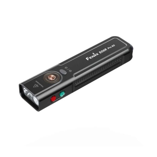 Compact black Fenix E06R Pro RG flashlight with side control button and red/green indicators, angled diagonally in the image