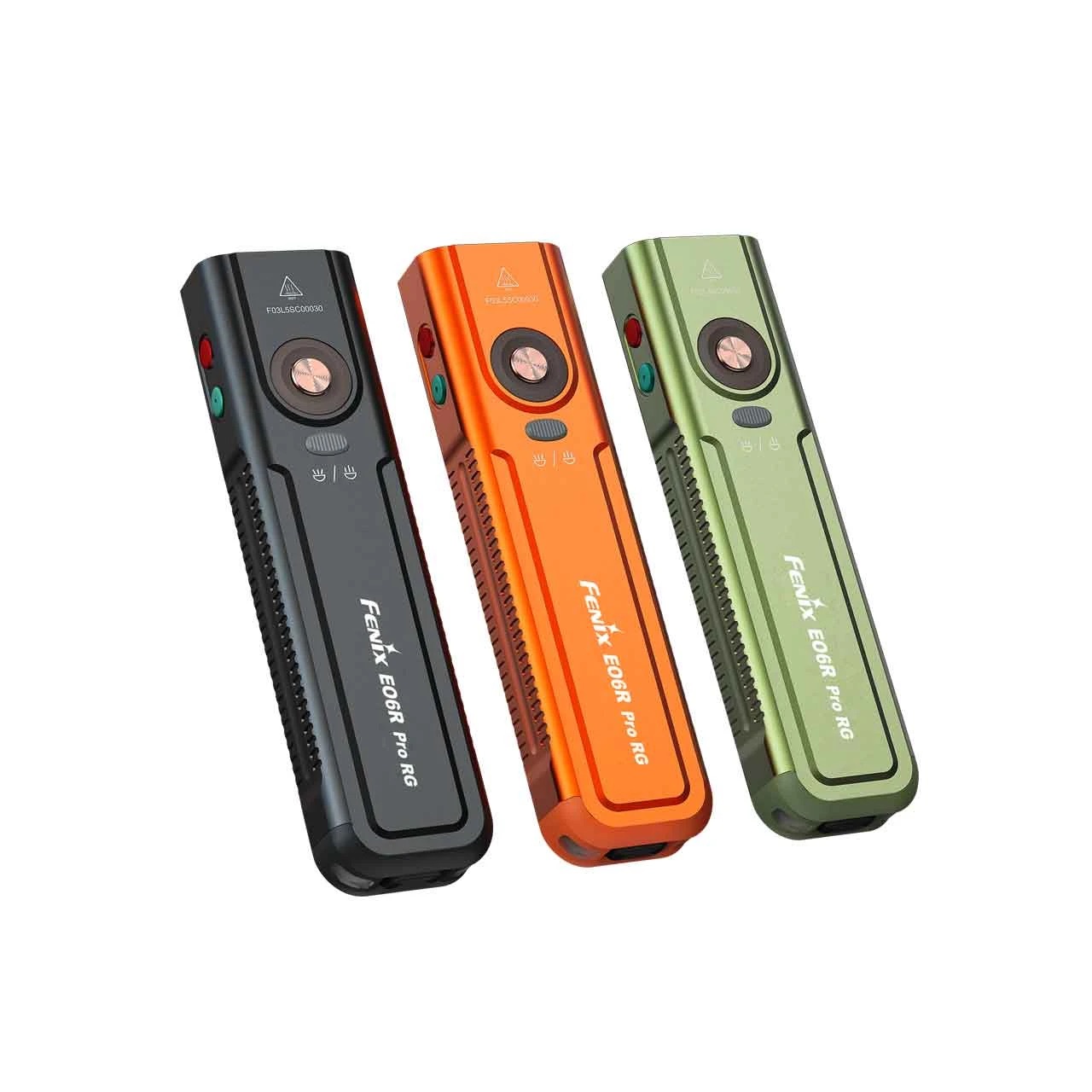 Three Fenix EOGR Pro RG handheld trimmers in black, orange, and olive, shown tilted diagonally.