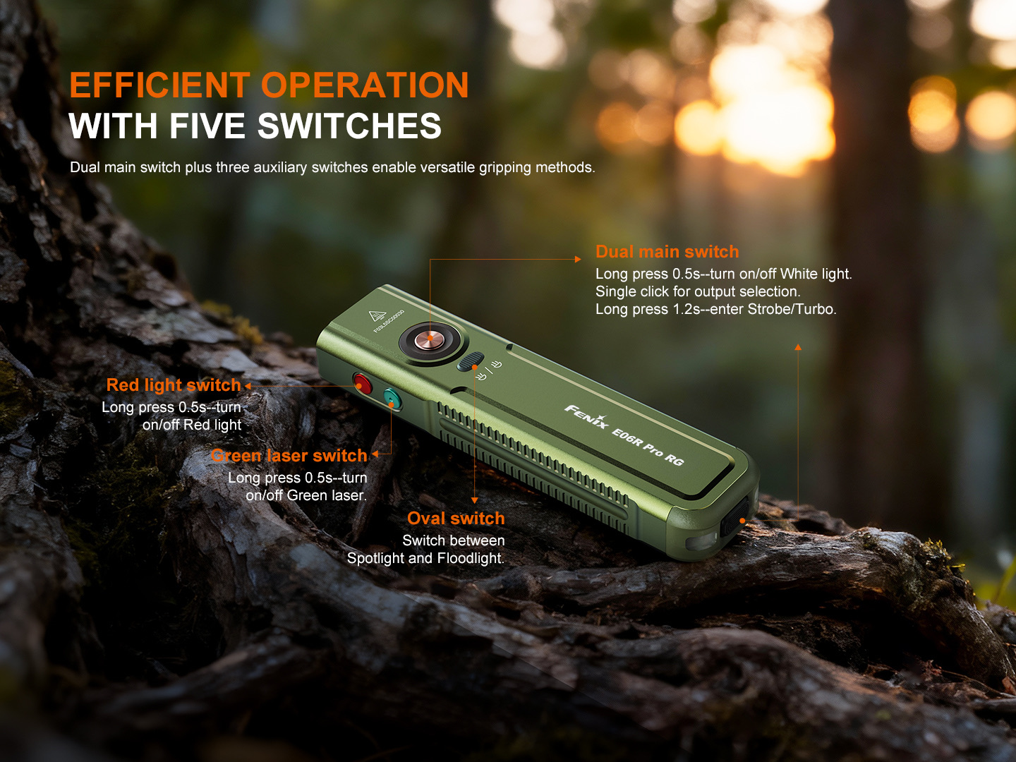 Green multi-switch flashlight resting on a tree stump in a forest at sunset, with orange callouts labeling dual main switch, red light switch, green laser switch, and oval switch for spotlight/floodlight.